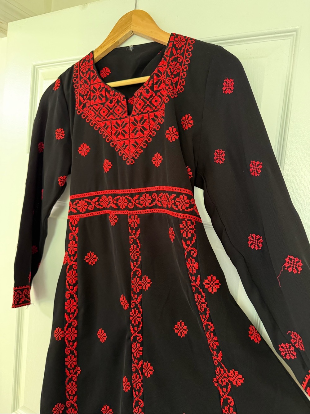 Black Dress with Red Embroidery - Women's Long Sleeve Dress